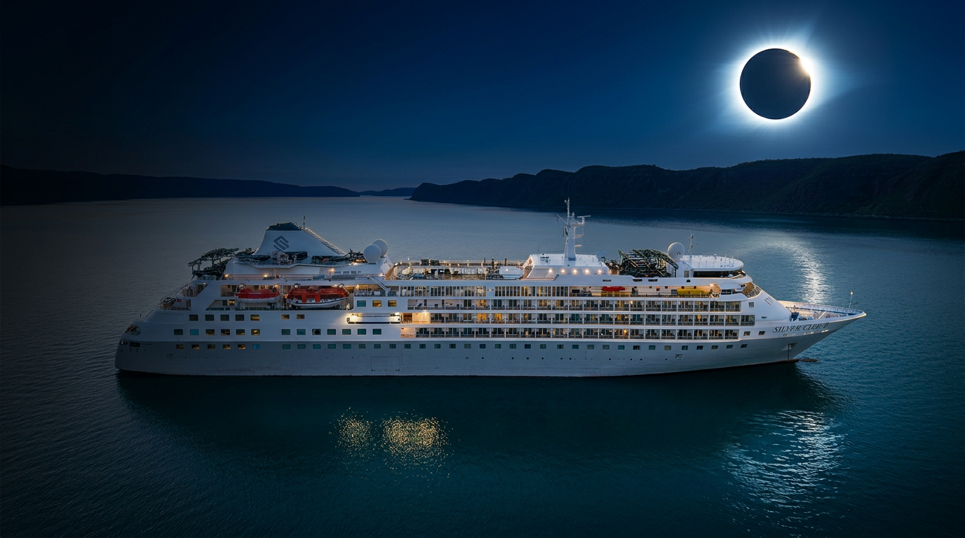 Total solar eclipse over the ocean with a luxury cruise ship